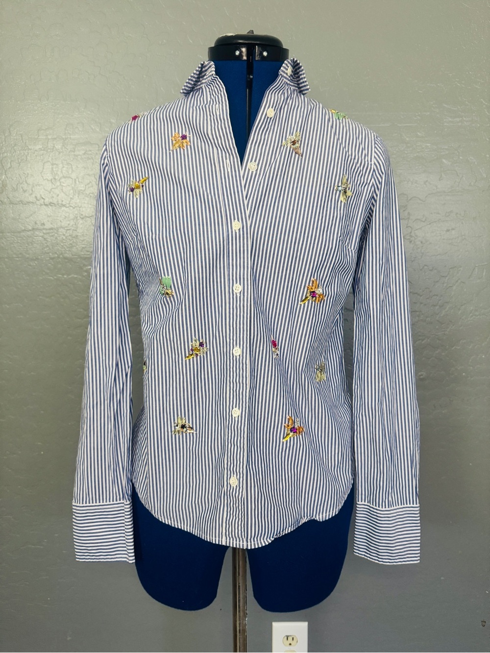 J. Crew Blue and White Striped Button-Down with Jewel Bugs